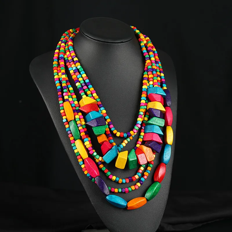 Women Fashion Exaggerated Bohemian Wood Beads Multi-Layer Necklace