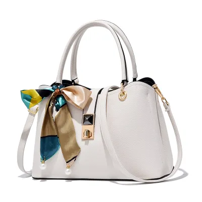 Women Fashion Solid Color Silk Scarf Pearl Decorated Large Capacity PU Handbag Killer Bag
