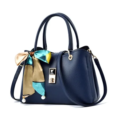 Women Fashion Solid Color Silk Scarf Pearl Decorated Large Capacity PU Handbag Killer Bag