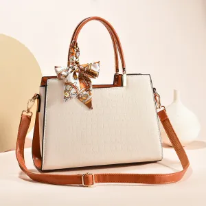 Women Fashionable Solid Color Large Capacity Silk Scarf Decorative Square PU Handbag Tote Bag