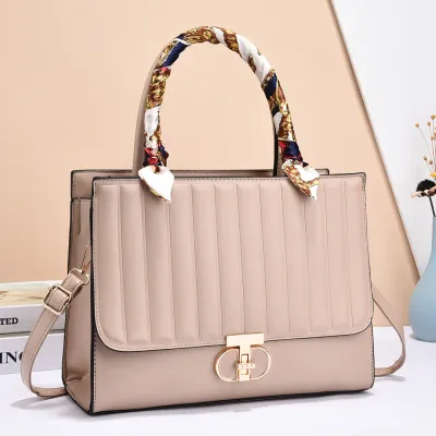 Women Fashionable Solid Color Large Capacity Stripe Flip Lock Square Silk Scarf Decorative Handbag