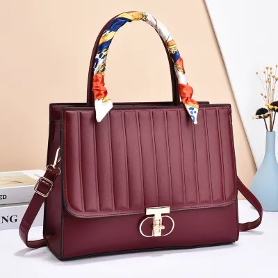 Women Fashionable Solid Color Large Capacity Stripe Flip Lock Square Silk Scarf Decorative Handbag