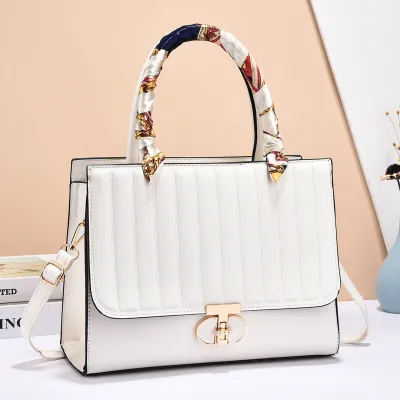 Women Fashionable Solid Color Large Capacity Stripe Flip Lock Square Silk Scarf Decorative Handbag
