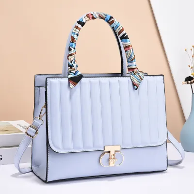 Women Fashionable Solid Color Large Capacity Stripe Flip Lock Square Silk Scarf Decorative Handbag