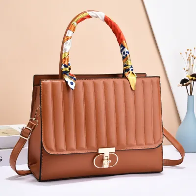 Women Fashionable Solid Color Large Capacity Stripe Flip Lock Square Silk Scarf Decorative Handbag