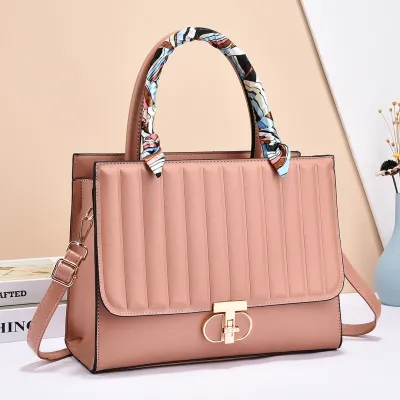 Women Fashionable Solid Color Large Capacity Stripe Flip Lock Square Silk Scarf Decorative Handbag