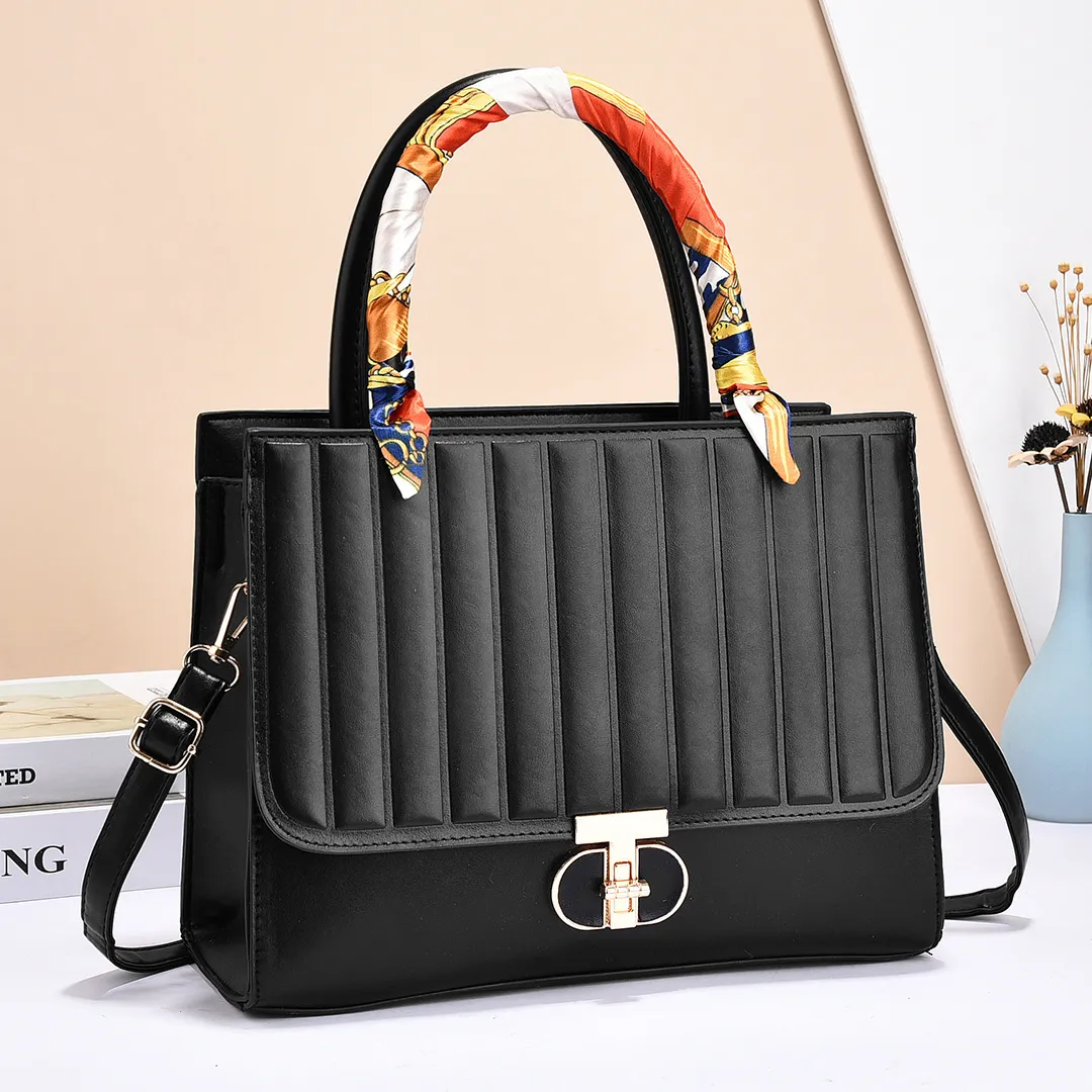 Women Fashionable Solid Color Large Capacity Stripe Flip Lock Square Silk Scarf Decorative Handbag
