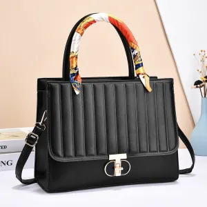 Women Fashionable Solid Color Large Capacity Stripe Flip Lock Square Silk Scarf Decorative Handbag