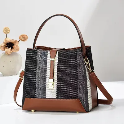 Women Fashion Stripe Color Block Large Capacity PU Bucket Handbag