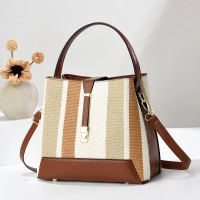 Women Fashion Stripe Color Block Large Capacity PU Bucket Handbag