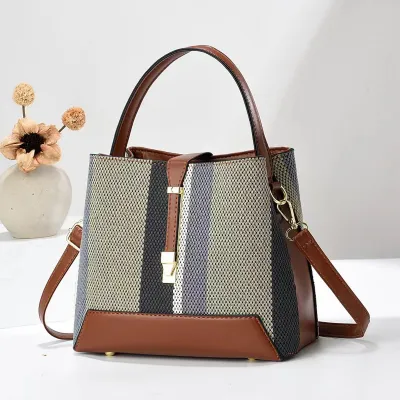 Women Fashion Stripe Color Block Large Capacity PU Bucket Handbag
