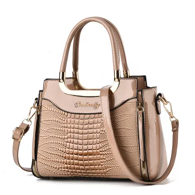 Women Fashionable Crocodile-Pattern Bright PU Leather Double Zip Large Capacity Tote Bag