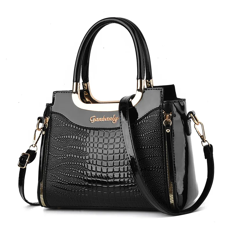 Women Fashionable Crocodile-Pattern Bright PU Leather Double Zip Large Capacity Tote Bag