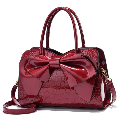 Women Fashion Creative Stone Print Bright Bow Large Capacity PU Handbag Shell Bag