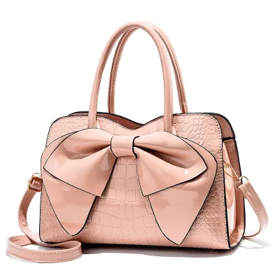 Women Fashion Creative Stone Print Bright Bow Large Capacity PU Handbag Shell Bag