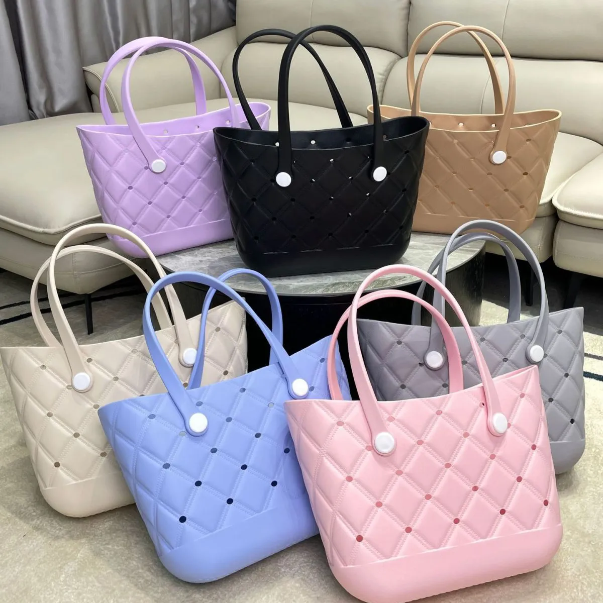 Fashion Large Capacity Solid Color EVA Waterproof Beach Hole Tote Bag