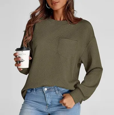 Women Casual Solid Color Crewneck Long Sleeve Sweatshirt