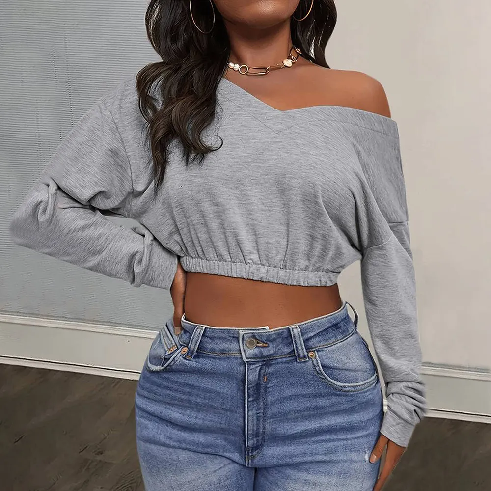 Women V-Neck Crop Sweatshirt Long Sleeve Slim Fit Casual