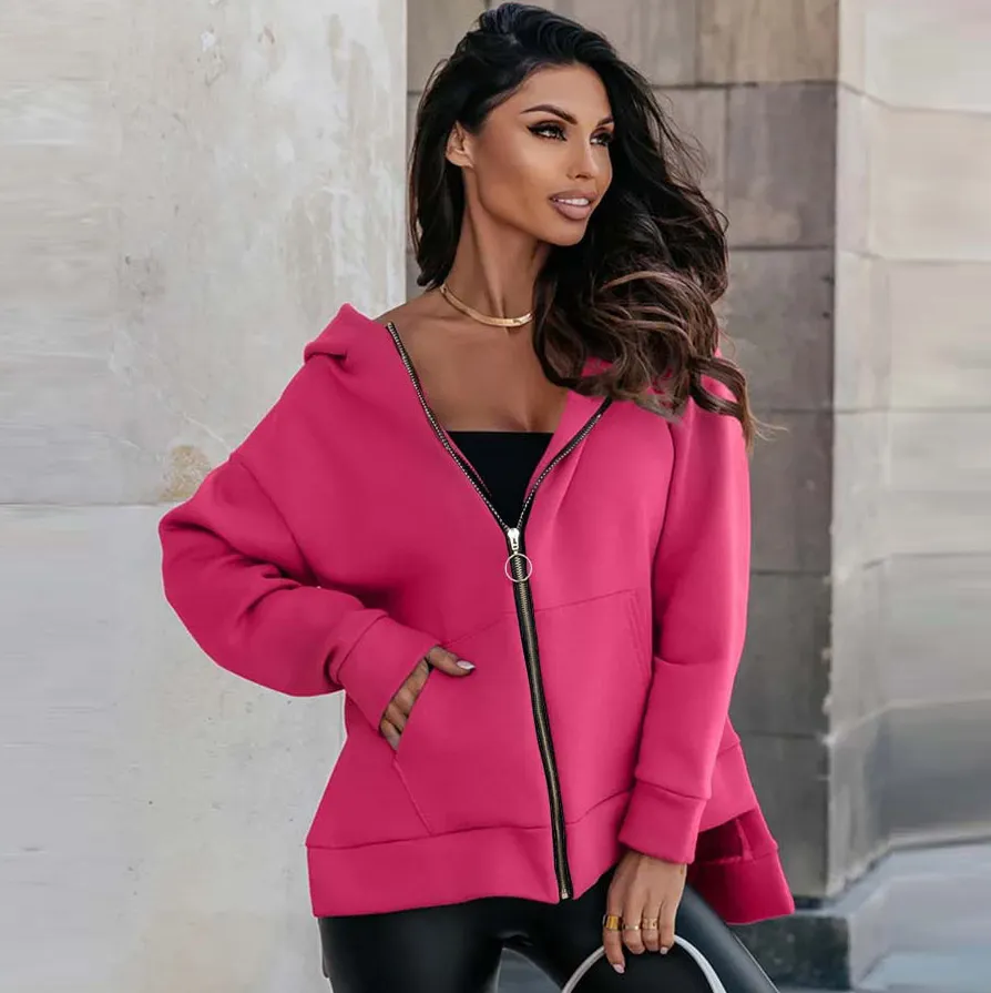 Autumn Winter Women Solid Color Long Sleeve Zipper Cardigan Hoodie