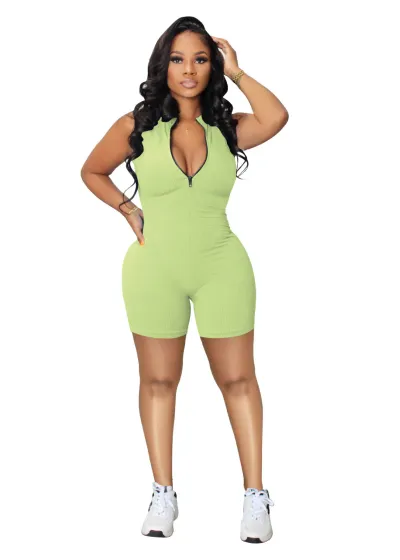 Women Athleisure Casual Solid Color Zipper Sleeveless Tight Rompers