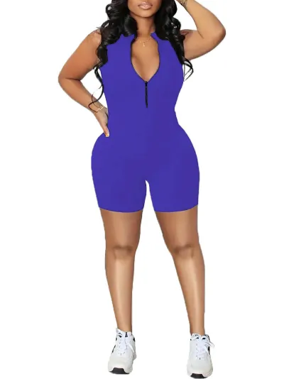 Women Athleisure Casual Solid Color Zipper Sleeveless Tight Rompers