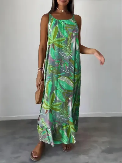 Summer Women Casual Loose Floral Printed Sling Maxi Dress