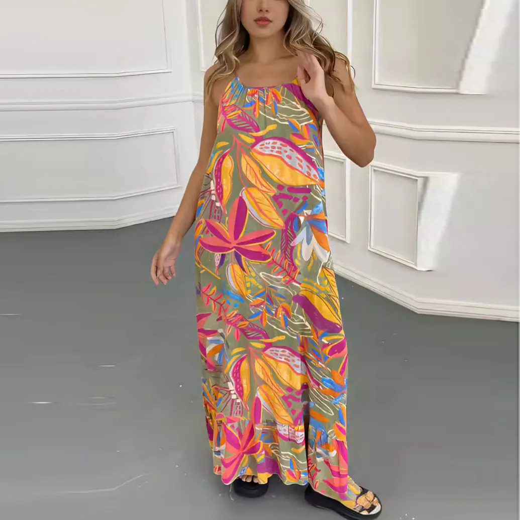 Summer Women Casual Loose Floral Printed Sling Maxi Dress