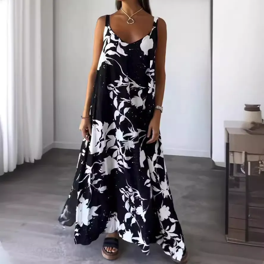 Summer Women Casual V-Neck Sling Floral Print Maxi Dress
