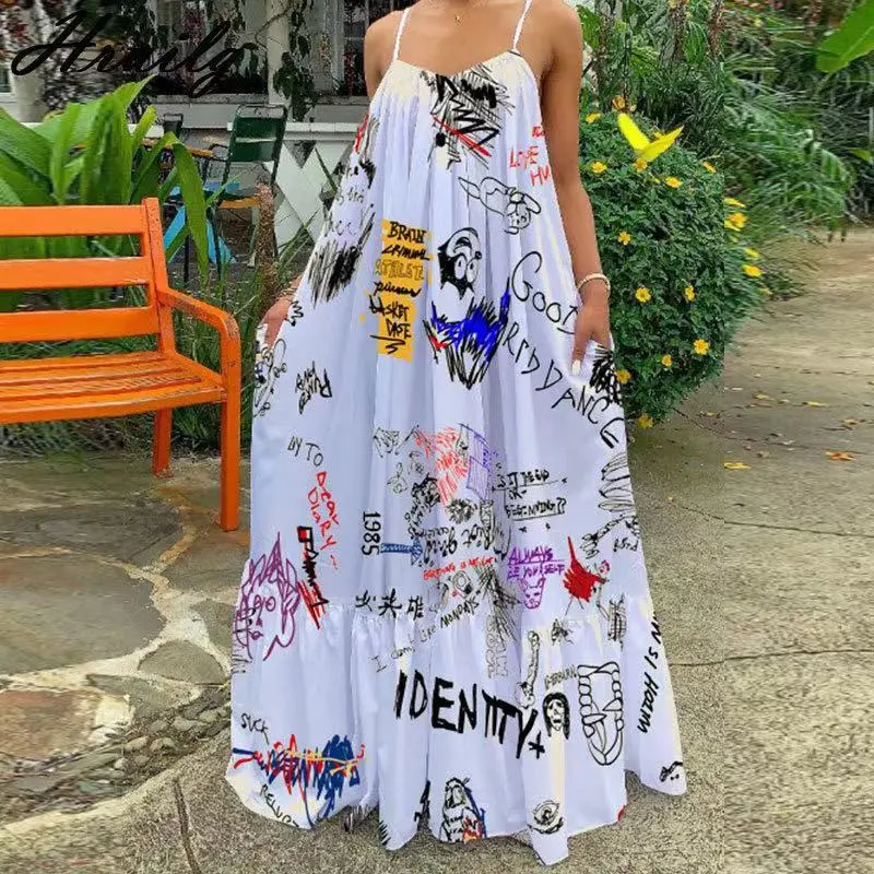Summer Women Casual Vintage Graffiti Print Sling Maxi Dress