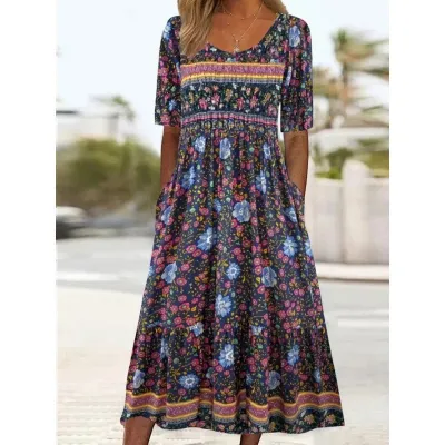 Summer Women Casual Floral Printed Maxi Dress Round Neck Short Sleeve