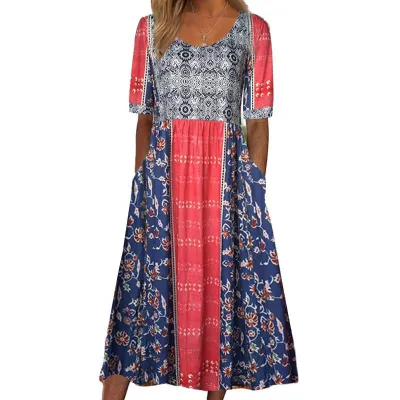 Summer Women Casual Floral Printed Maxi Dress Round Neck Short Sleeve
