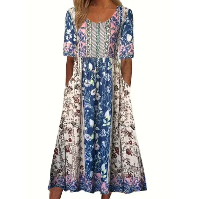 Summer Women Casual Floral Printed Maxi Dress Round Neck Short Sleeve