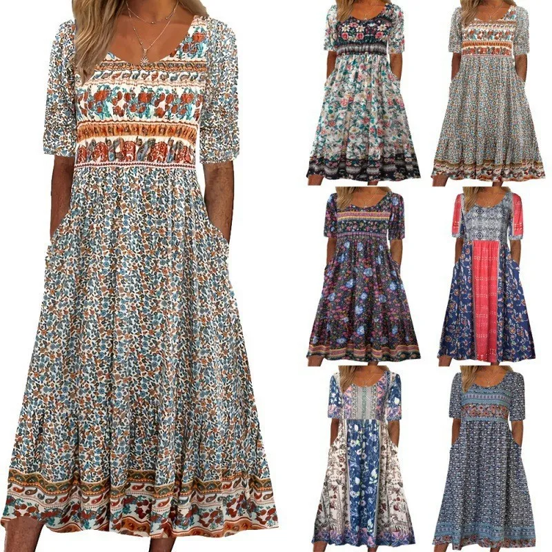 Summer Women Casual Floral Printed Maxi Dress Round Neck Short Sleeve