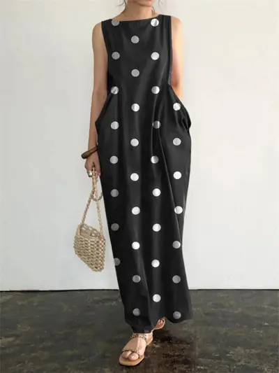 Summer Women Casual Polka Dot Sleeveless Maxi Dress