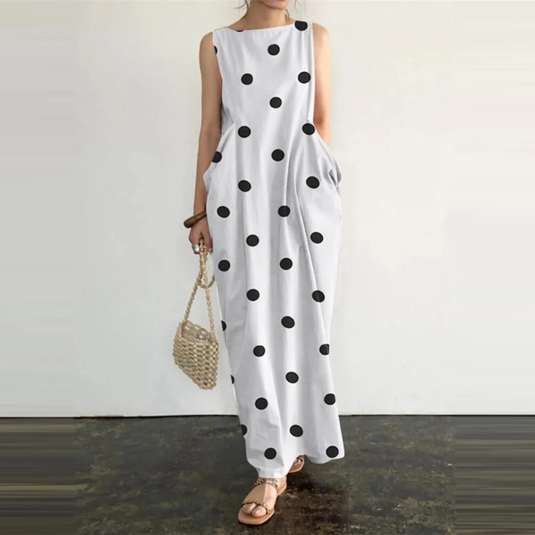 Summer Women Casual Polka Dot Sleeveless Maxi Dress