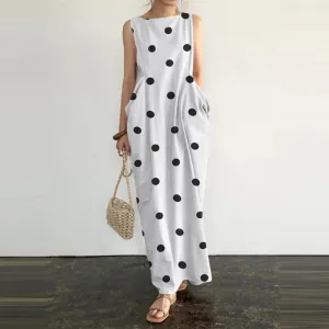Summer Women Casual Polka Dot Sleeveless Maxi Dress