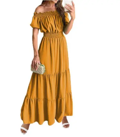 Summer Vacation Women Casual Solid Color Off Shoulder Bubble Sleeve Maxi Dress