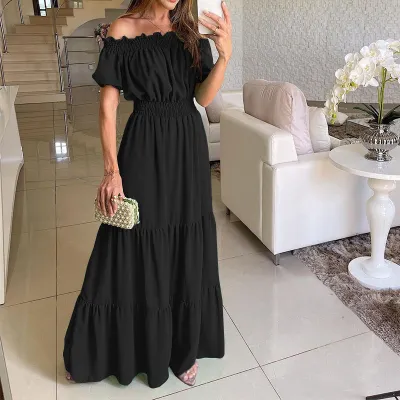 Summer Vacation Women Casual Solid Color Off Shoulder Bubble Sleeve Maxi Dress