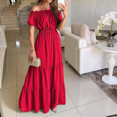 Summer Vacation Women Casual Solid Color Off Shoulder Bubble Sleeve Maxi Dress