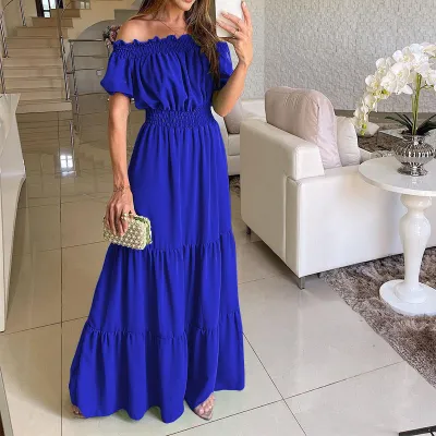 Summer Vacation Women Casual Solid Color Off Shoulder Bubble Sleeve Maxi Dress
