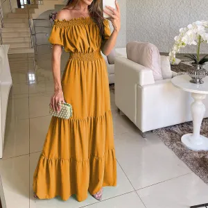 Summer Vacation Women Casual Solid Color Off Shoulder Bubble Sleeve Maxi Dress