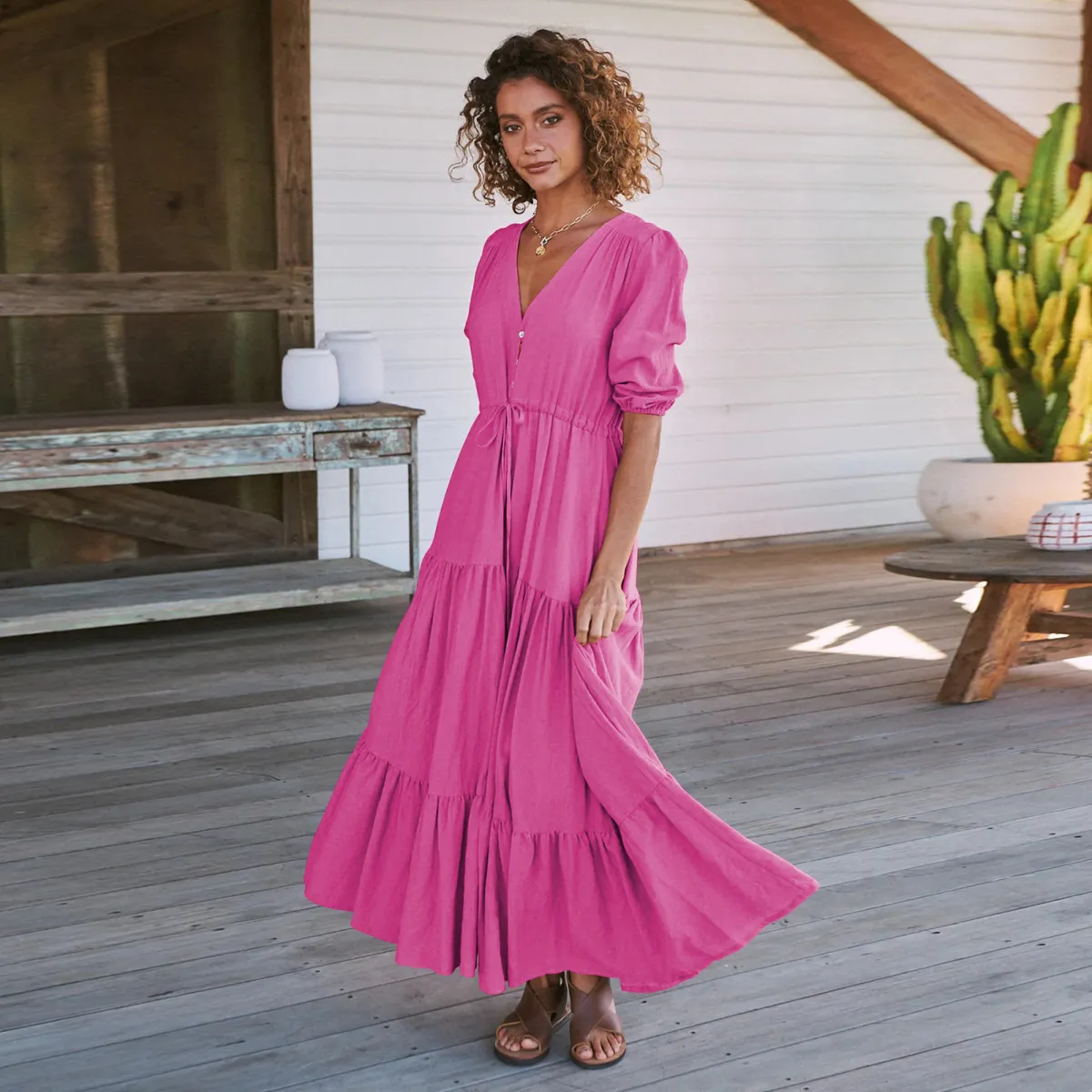 Solid Lace Up Button Ruffle Dresses(5 Colors) Solid Lace Up Button Ruffle Dresses(5 Colors)