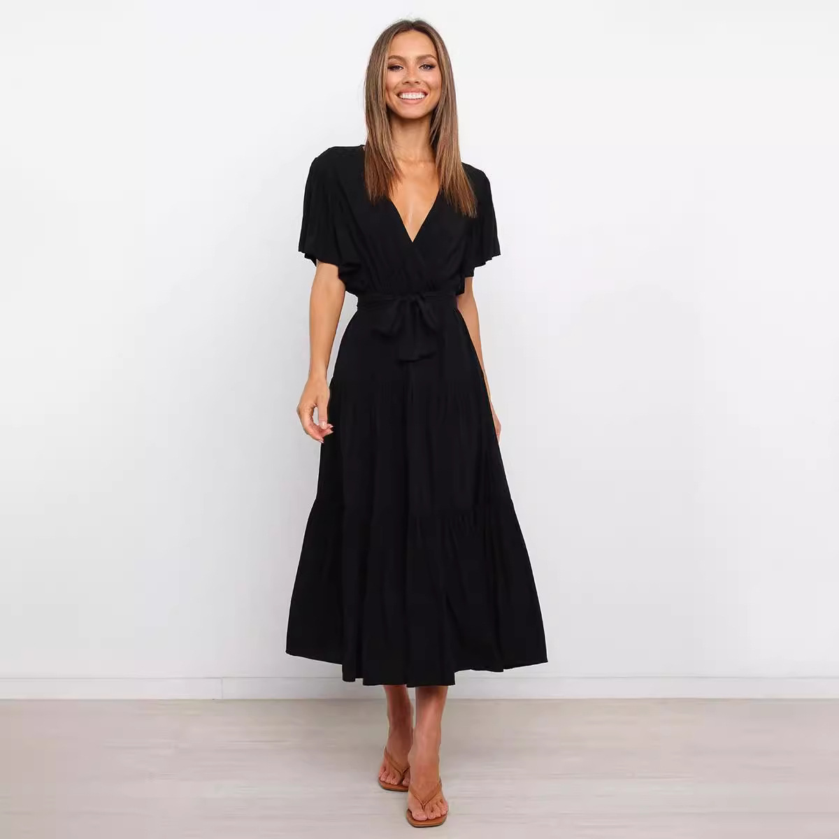 新品未使用　Mercerized Cotton V-neck Dress Black Pima Cotton V-Neck Bodycon Dress | Sleeveless