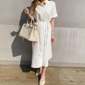 Women Linen Shirt Maxi Dress Casual Loose High Waist Lace-Up