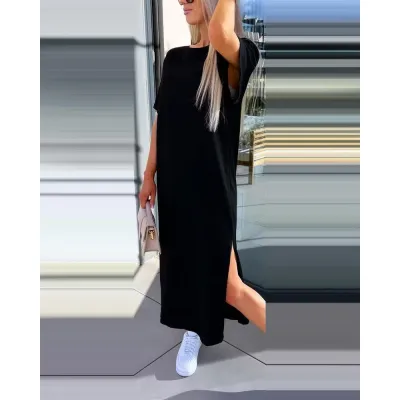 Summer Women Casual Loose Solid Color Round Neck Short Sleeve Maxi Dress