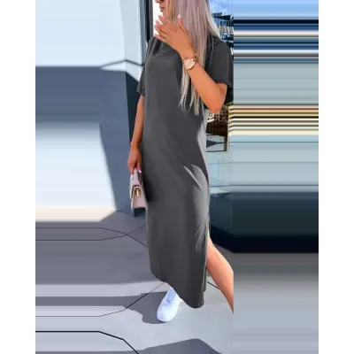 Summer Women Casual Loose Solid Color Round Neck Short Sleeve Maxi Dress