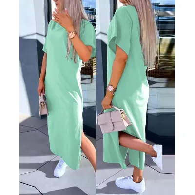 Summer Women Casual Loose Solid Color Round Neck Short Sleeve Maxi Dress