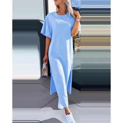 Summer Women Casual Loose Solid Color Round Neck Short Sleeve Maxi Dress