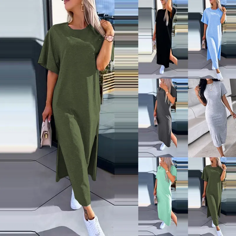 Summer Women Casual Loose Solid Color Round Neck Short Sleeve Maxi Dress