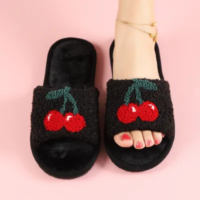 Fashion Cherry Plush Slippers for Women Thickening Warm Indoor Home Shoes